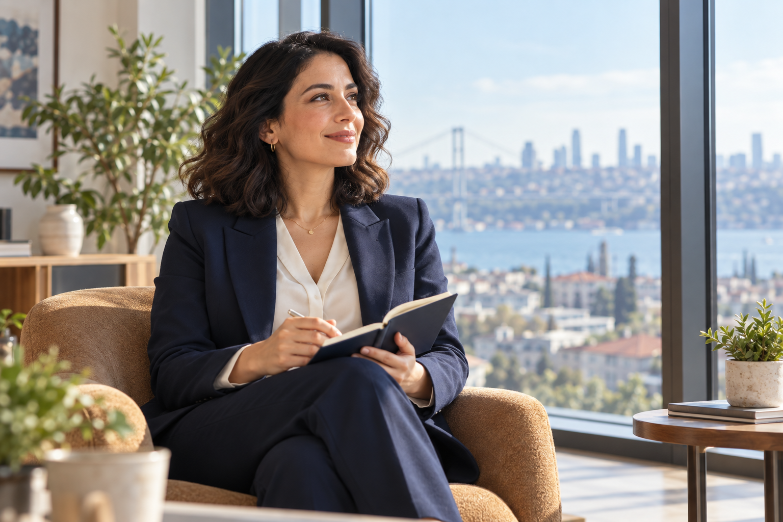Aydınlık bir çalışma alanında not defteriyle geleceğini planlayan kadın
